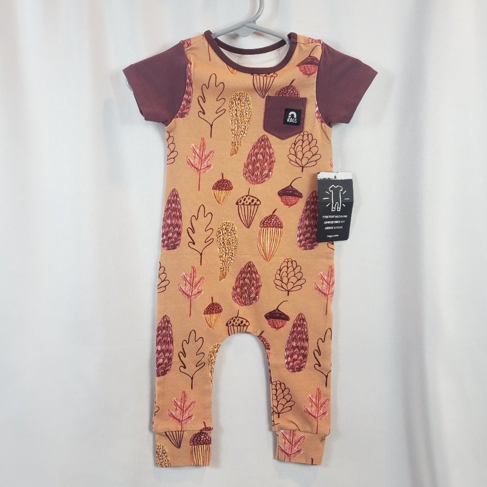 RAGS Short Sleeved Orange Romper with Red Sleeves Acorns and Pinecones